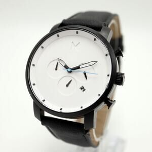 MVMT Men's 45mm Chronograph Minimal Watch White Black Faux Leather w New Battery